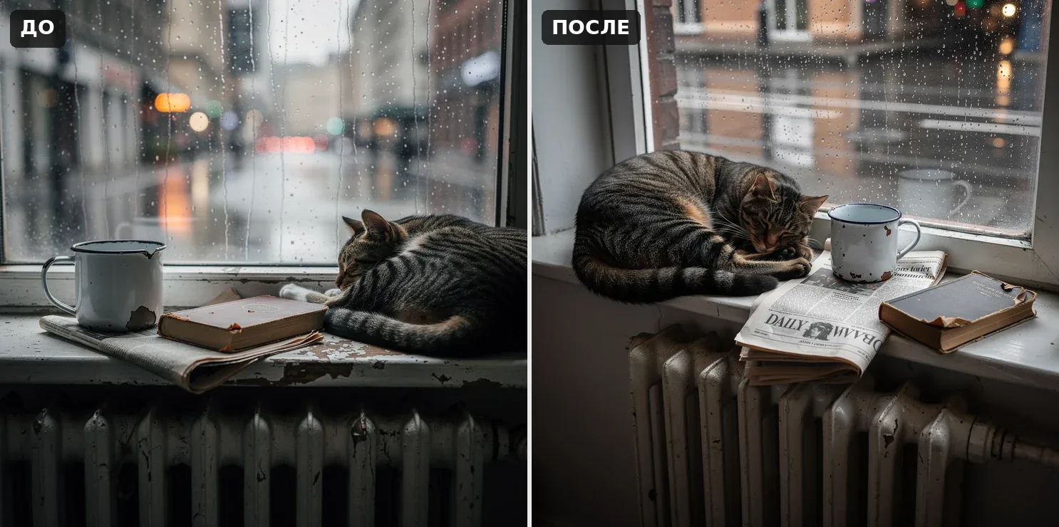 Кот на подоконнике: в первом кадре мелкий и у края, во втором крупный и в центре